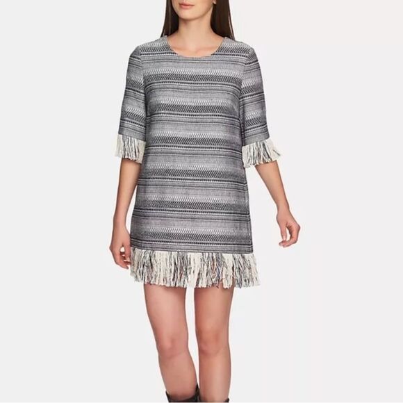 1.STATE Cotton Rustic Tweed Navy and White Fringe Dress - Picture 3 of 11